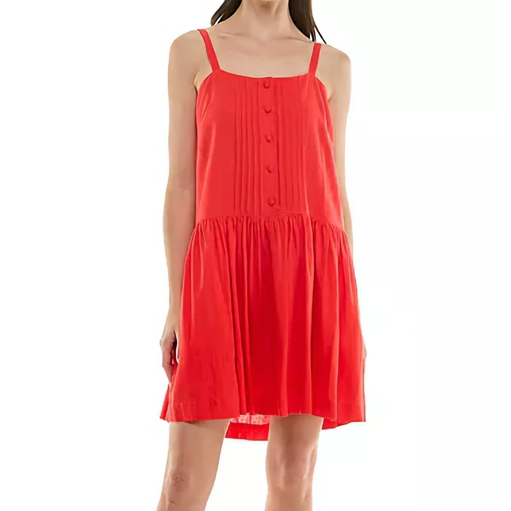 Taylor Pintuck Square Neck Mini Red A Line Button Front Dress Womens Size 2P NWT